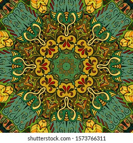 Seamless tracery tile mehndi design. Ethnic ornament, colorful doodle symmetry texture. Folk traditional spiritual tribal design. Curved doodling motif. Color art. Vector