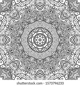 Seamless tracery tile mehndi design. Ethnic ornament, doodle symmetry texture. Folk traditional spiritual tribal design. Curved doodling motif. Binary monochrome black and white art. Vector