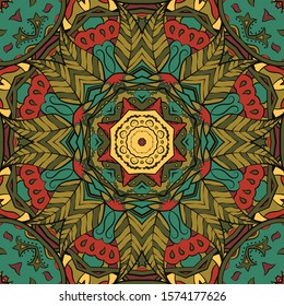 Seamless tracery tile mehndi design. Ethnic ornament, colorful doodle symmetry texture. Folk traditional spiritual tribal design. Curved doodling motif. Color art. Vector