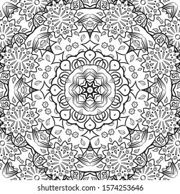 Seamless tracery tile mehndi design. Ethnic ornament, doodle symmetry texture. Folk traditional spiritual tribal design. Curved doodling motif. Binary monochrome black and white art. Vector