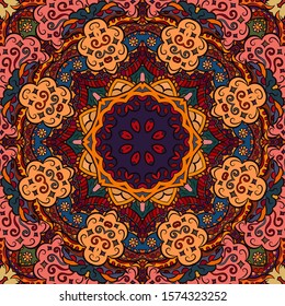 Seamless tracery tile mehndi design. Ethnic ornament, colorful doodle symmetry texture. Folk traditional spiritual tribal design. Curved doodling motif. Color art. Vector