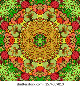 Seamless tracery tile mehndi design. Ethnic ornament, colorful doodle symmetry texture. Folk traditional spiritual tribal design. Curved doodling motif. Color art. Vector