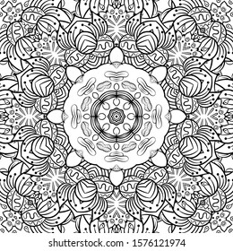 Seamless tracery tile mehndi design. Ethnic ornament, doodle symmetry texture. Folk traditional spiritual tribal design. Curved doodling motif. Binary monochrome black and white art. Vector