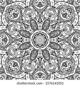 Seamless tracery tile mehndi design. Ethnic ornament, doodle symmetry texture. Folk traditional spiritual tribal design. Curved doodling motif. Binary monochrome black and white art. Vector