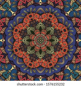 Seamless tracery tile mehndi design. Ethnic ornament, colorful doodle symmetry texture. Folk traditional spiritual tribal design. Curved doodling motif. Color art. Vector