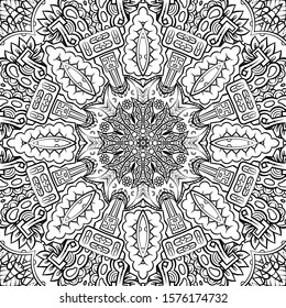 Seamless tracery tile mehndi design. Ethnic ornament, doodle symmetry texture. Folk traditional spiritual tribal design. Curved doodling motif. Binary monochrome black and white art. Vector