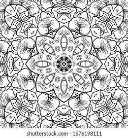 Seamless tracery tile mehndi design. Ethnic ornament, doodle symmetry texture. Folk traditional spiritual tribal design. Curved doodling motif. Binary monochrome black and white art. Vector