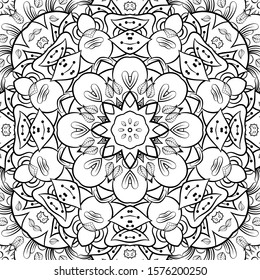 Seamless tracery tile mehndi design. Ethnic ornament, doodle symmetry texture. Folk traditional spiritual tribal design. Curved doodling motif. Binary monochrome black and white art. Vector