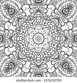 Seamless tracery tile mehndi design. Ethnic ornament, doodle symmetry texture. Folk traditional spiritual tribal design. Curved doodling motif. Binary monochrome black and white art. Vector