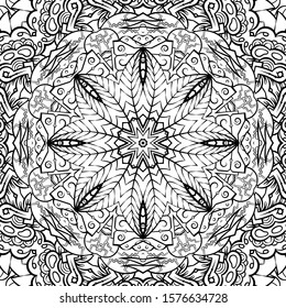Seamless tracery tile mehndi design. Ethnic ornament, doodle symmetry texture. Folk traditional spiritual tribal design. Curved doodling motif. Binary monochrome black and white art. Vector
