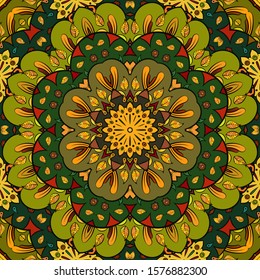 Seamless tracery tile mehndi design. Ethnic ornament, colorful doodle symmetry texture. Folk traditional spiritual tribal design. Curved doodling motif. Color art. Vector