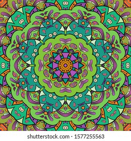 Seamless tracery tile mehndi design. Ethnic ornament, colorful doodle symmetry texture. Folk traditional spiritual tribal design. Curved doodling motif. Color art. Vector
