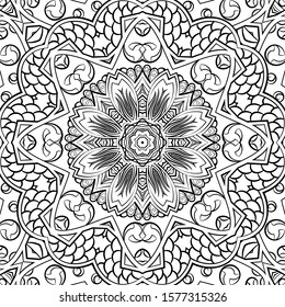 Seamless tracery tile mehndi design. Ethnic ornament, doodle symmetry texture. Folk traditional spiritual tribal design. Curved doodling motif. Binary monochrome black and white art. Vector