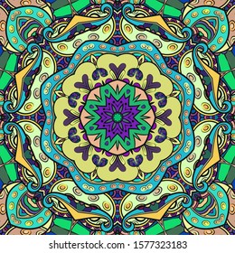 Seamless tracery tile mehndi design. Ethnic ornament, colorful doodle symmetry texture. Folk traditional spiritual tribal design. Curved doodling motif. Color art. Vector