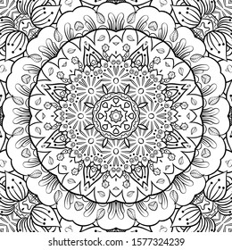 Seamless tracery tile mehndi design. Ethnic ornament, doodle symmetry texture. Folk traditional spiritual tribal design. Curved doodling motif. Binary monochrome black and white art. Vector
