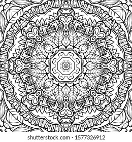 Seamless tracery tile mehndi design. Ethnic ornament, doodle symmetry texture. Folk traditional spiritual tribal design. Curved doodling motif. Binary monochrome black and white art. Vector