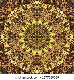 Seamless tracery tile mehndi design. Ethnic ornament, colorful doodle symmetry texture. Folk traditional spiritual tribal design. Curved doodling motif. Color art. Vector