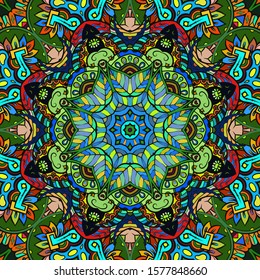 Seamless tracery tile mehndi design. Ethnic ornament, colorful doodle symmetry texture. Folk traditional spiritual tribal design. Curved doodling motif. Color art. Vector