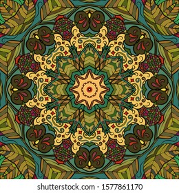 Seamless tracery tile mehndi design. Ethnic ornament, colorful doodle symmetry texture. Folk traditional spiritual tribal design. Curved doodling motif. Color art. Vector