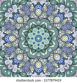 Seamless tracery tile mehndi design. Ethnic ornament, colorful doodle symmetry texture. Folk traditional spiritual tribal design. Curved doodling motif. Color art. Vector