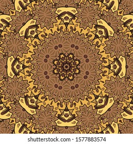 Seamless tracery tile mehndi design. Ethnic ornament, colorful doodle symmetry texture. Folk traditional spiritual tribal design. Curved doodling motif. Color art. Vector