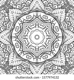 Seamless tracery tile mehndi design. Ethnic ornament, doodle symmetry texture. Folk traditional spiritual tribal design. Curved doodling motif. Binary monochrome black and white art. Vector