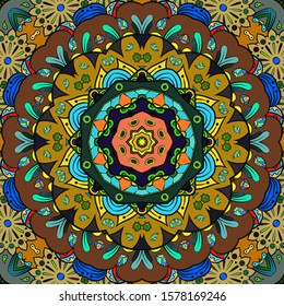 Seamless tracery tile mehndi design. Ethnic ornament, colorful doodle symmetry texture. Folk traditional spiritual tribal design. Curved doodling motif. Color art. Vector