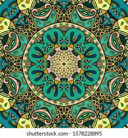 Seamless tracery tile mehndi design. Ethnic ornament, colorful doodle symmetry texture. Folk traditional spiritual tribal design. Curved doodling motif. Color art. Vector