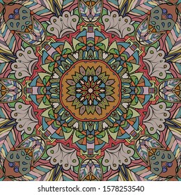 Seamless tracery tile mehndi design. Ethnic ornament, colorful doodle symmetry texture. Folk traditional spiritual tribal design. Curved doodling motif. Color art. Vector