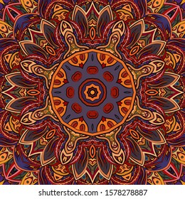 Seamless tracery tile mehndi design. Ethnic ornament, colorful doodle symmetry texture. Folk traditional spiritual tribal design. Curved doodling motif. Color art. Vector
