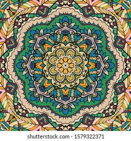 Seamless tracery tile mehndi design. Ethnic ornament, colorful doodle symmetry texture. Folk traditional spiritual tribal design. Curved doodling motif. Color art. Vector