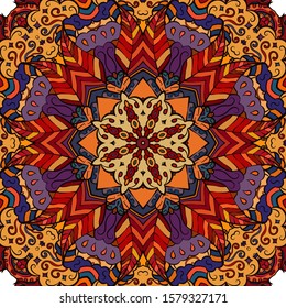 Seamless tracery tile mehndi design. Ethnic ornament, colorful doodle symmetry texture. Folk traditional spiritual tribal design. Curved doodling motif. Color art. Vector