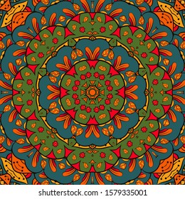 Seamless tracery tile mehndi design. Ethnic ornament, colorful doodle symmetry texture. Folk traditional spiritual tribal design. Curved doodling motif. Color art. Vector