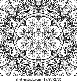 Seamless tracery tile mehndi design. Ethnic ornament, doodle symmetry texture. Folk traditional spiritual tribal design. Curved doodling motif. Binary monochrome black and white art. Vector