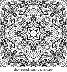 Seamless tracery tile mehndi design. Ethnic ornament, doodle symmetry texture. Folk traditional spiritual tribal design. Curved doodling motif. Binary monochrome black and white art. Vector