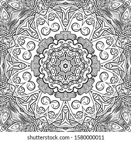 Seamless tracery tile mehndi design. Ethnic ornament, doodle symmetry texture. Folk traditional spiritual tribal design. Curved doodling motif. Binary monochrome black and white art. Vector