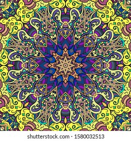 Seamless tracery tile mehndi design. Ethnic ornament, colorful doodle symmetry texture. Folk traditional spiritual tribal design. Curved doodling motif. Color art. Vector