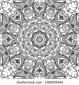 Seamless tracery tile mehndi design. Ethnic ornament, doodle symmetry texture. Folk traditional spiritual tribal design. Curved doodling motif. Binary monochrome black and white art. Vector