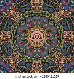 Seamless tracery tile mehndi design. Ethnic ornament, colorful doodle symmetry texture. Folk traditional spiritual tribal design. Curved doodling motif. Color art. Vector