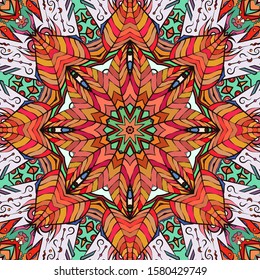 Seamless tracery tile mehndi design. Ethnic ornament, colorful doodle symmetry texture. Folk traditional spiritual tribal design. Curved doodling motif. Color art. Vector