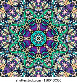 Seamless tracery tile mehndi design. Ethnic ornament, colorful doodle symmetry texture. Folk traditional spiritual tribal design. Curved doodling motif. Color art. Vector