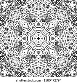 Seamless tracery tile mehndi design. Ethnic ornament, doodle symmetry texture. Folk traditional spiritual tribal design. Curved doodling motif. Binary monochrome black and white art. Vector