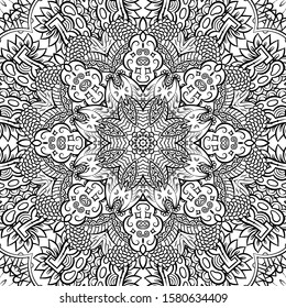 Seamless tracery tile mehndi design. Ethnic ornament, doodle symmetry texture. Folk traditional spiritual tribal design. Curved doodling motif. Binary monochrome black and white art. Vector