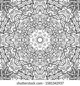 Seamless tracery tile mehndi design. Ethnic ornament, doodle symmetry texture. Folk traditional spiritual tribal design. Curved doodling motif. Binary monochrome black and white art. Vector