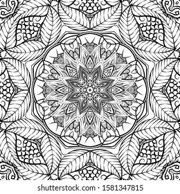 Seamless tracery tile mehndi design. Ethnic ornament, doodle symmetry texture. Folk traditional spiritual tribal design. Curved doodling motif. Binary monochrome black and white art. Vector