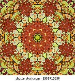 Seamless tracery tile mehndi design. Ethnic ornament, colorful doodle symmetry texture. Folk traditional spiritual tribal design. Curved doodling motif. Color art. Vector