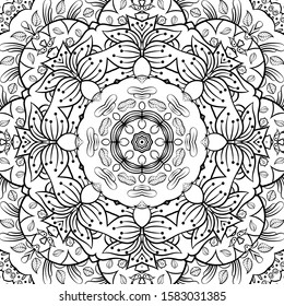 Seamless tracery tile mehndi design. Ethnic ornament, doodle symmetry texture. Folk traditional spiritual tribal design. Curved doodling motif. Binary monochrome black and white art. Vector