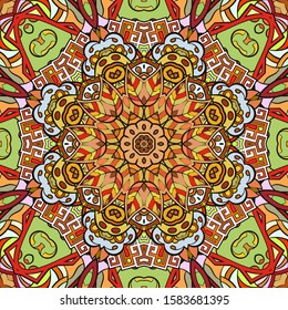 Seamless tracery tile mehndi design. Ethnic ornament, colorful doodle symmetry texture. Folk traditional spiritual tribal design. Curved doodling motif. Color art. Vector