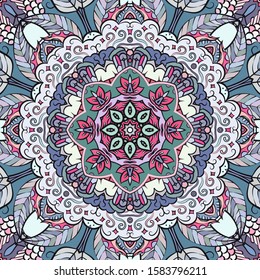Seamless tracery tile mehndi design. Ethnic ornament, colorful doodle symmetry texture. Folk traditional spiritual tribal design. Curved doodling motif. Color art. Vector