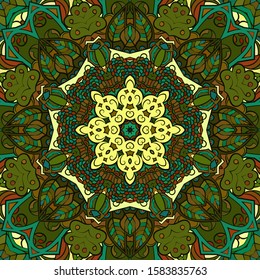 Seamless tracery tile mehndi design. Ethnic ornament, colorful doodle symmetry texture. Folk traditional spiritual tribal design. Curved doodling motif. Color art. Vector